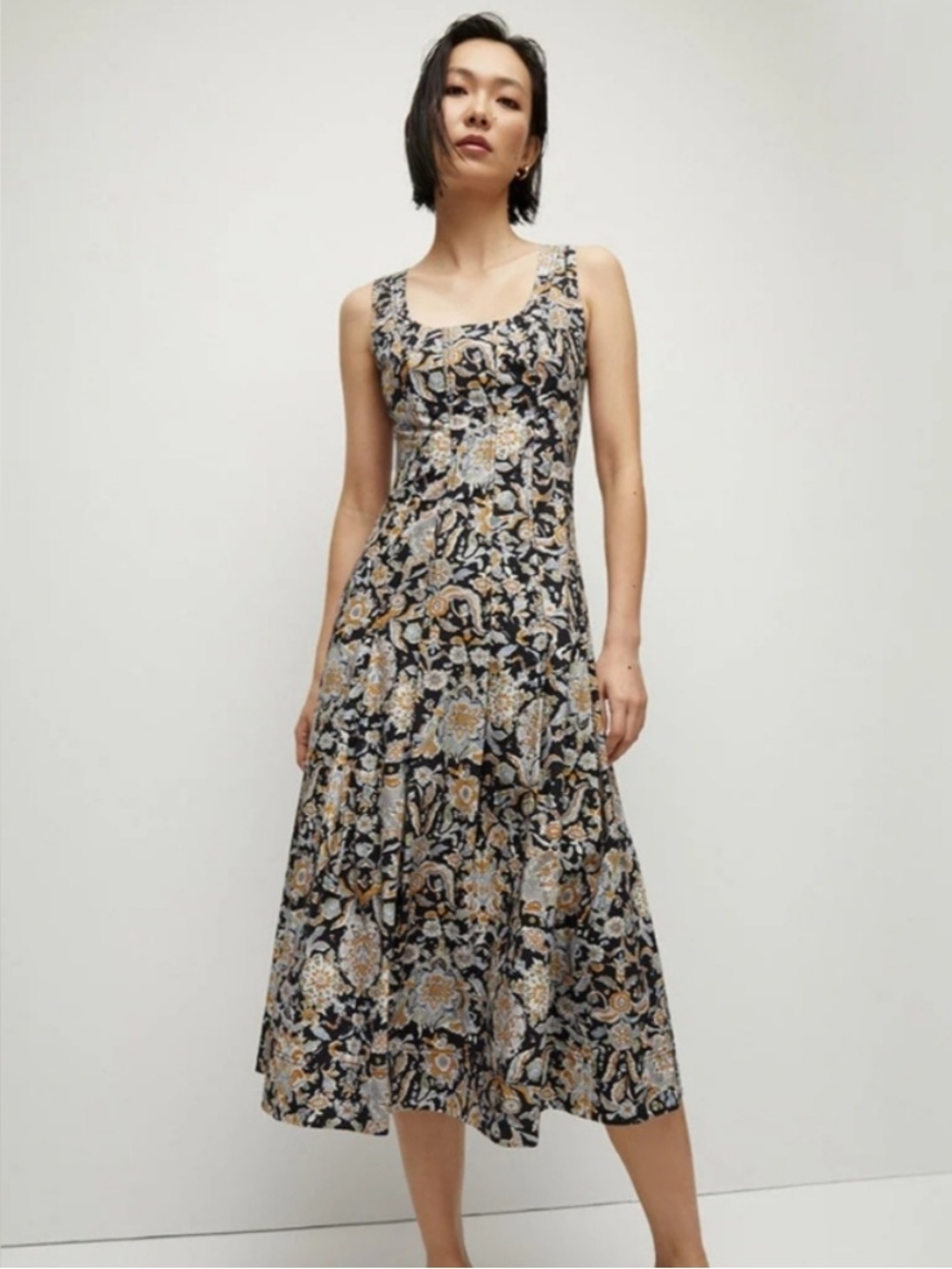 Veronica Beard Jolie Black Gold Blue Floral Paisley Sleeveless A-Line Midi Dress - Picture 3 of 17